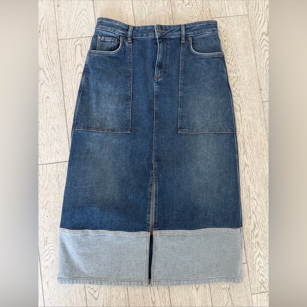 Ba&sh Denim Midi Skirt with Contrast Hem - Blue size 40 size 6